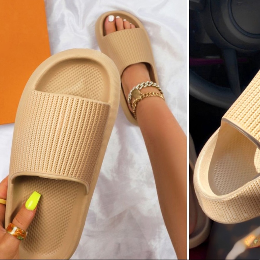 NEW| Comfy Thick Sole Flat Round Toe Khaki Slides